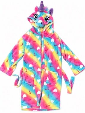 Girls Rainbow Unicorn Hooded Fleece Robe Size 140 Hearts Love Plush Bathrobe